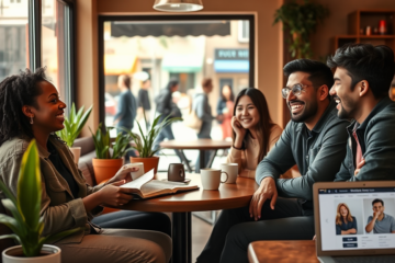 A group of joyful Christians connecting at a community event.