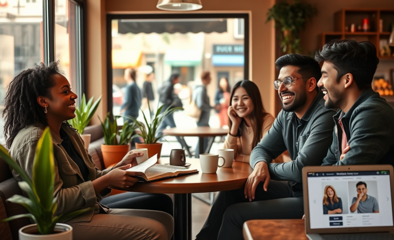 A group of joyful Christians connecting at a community event.