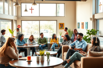 A diverse group of Christians connecting and building meaningful relationships in a supportive community.