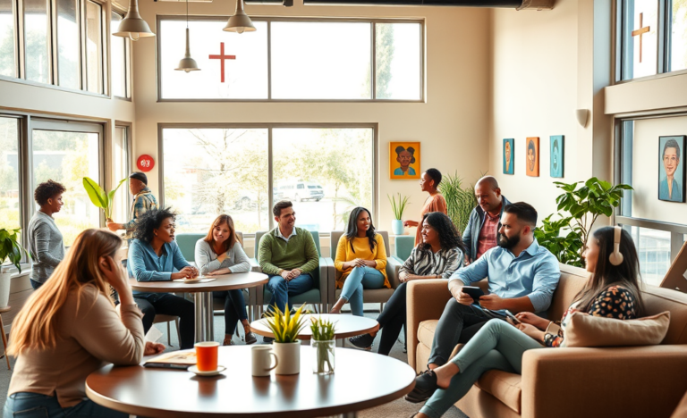 A diverse group of Christians connecting and building meaningful relationships in a supportive community.