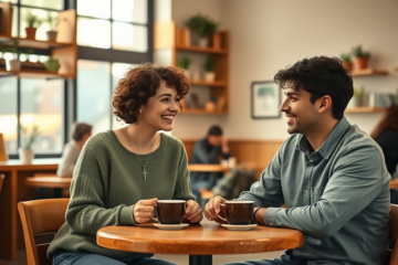 A young couple discussing their faith and values in a contemporary Christian dating setting.