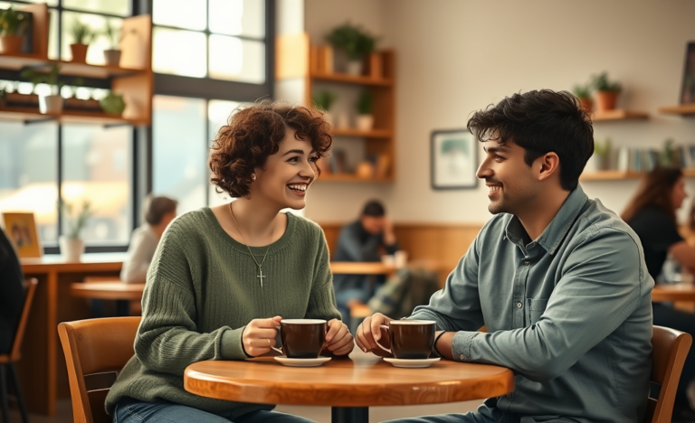A young couple discussing their faith and values in a contemporary Christian dating setting.