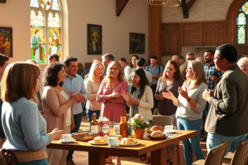 A diverse group of people engaging in a faith-based community gathering.