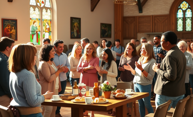 A diverse group of people engaging in a faith-based community gathering.