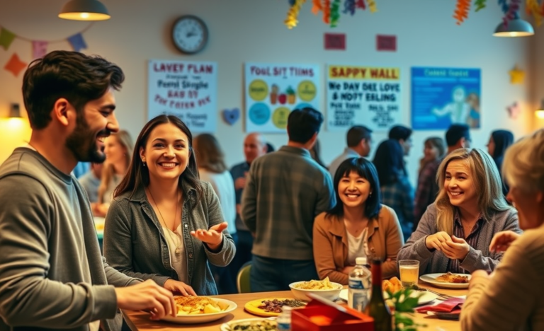 A diverse group of Christians engaging in a community event, representing love and friendships formed through faith.