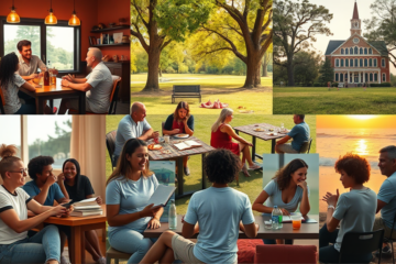 A group of diverse Christians engaging in conversations, symbolizing connections made through Christian dating sites.