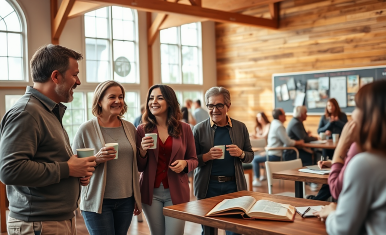 A diverse group of Christians engaging in fellowship and community activities.