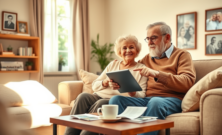 Imagen de adultos mayores revisando opciones de préstamos en línea.
