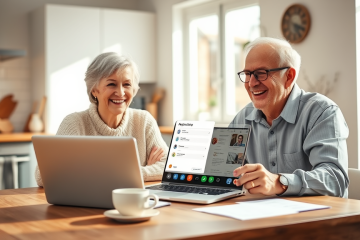 Imagen de personas mayores sonriendo mientras revisan opciones de préstamo sencillas.