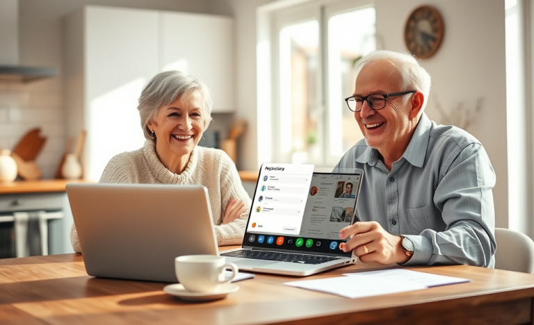 Imagen de personas mayores sonriendo mientras revisan opciones de préstamo sencillas.