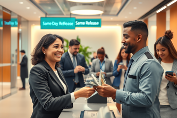 Una persona recibiendo dinero liberado el mismo día, simbolizando transferencias bancarias rápidas.