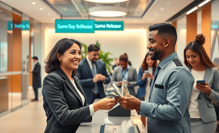 Una persona recibiendo dinero liberado el mismo día, simbolizando transferencias bancarias rápidas.