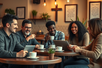Imagen de una pareja cristiana feliz utilizando un servicio de citas en línea.
