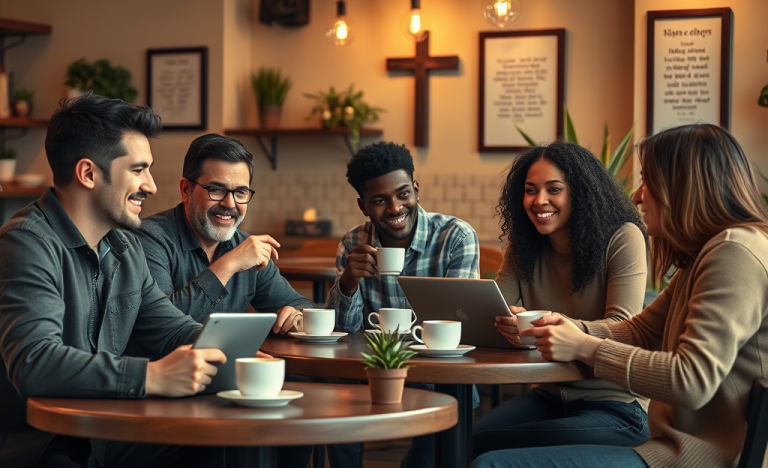 Imagen de una pareja cristiana feliz utilizando un servicio de citas en línea.